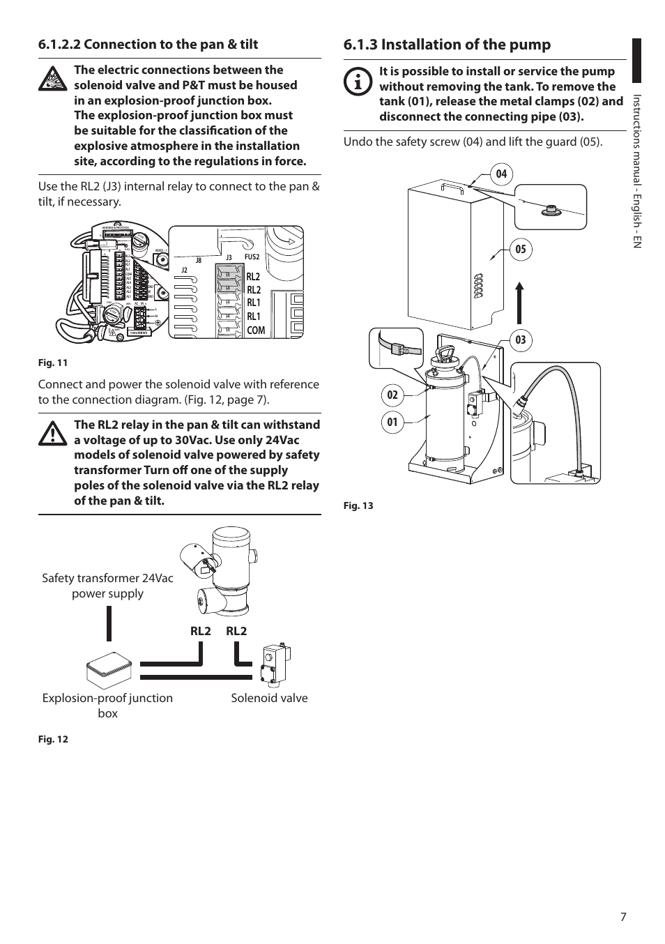 2 connection to the pan & tilt, 3 installation of the pump, Com rl1 rl1 rl2 rl2 | Instruc tions manual - english - en | Videotec MAXIMUS WASEX User Manual | Page 9 / 64