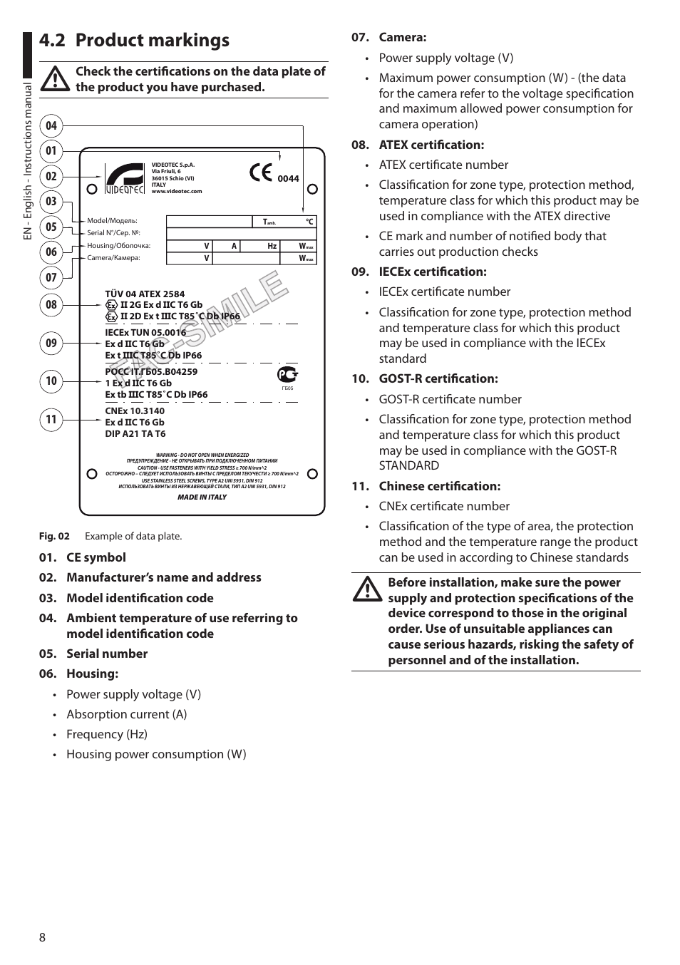 2 product markings | Videotec EXH User Manual | Page 10 / 114