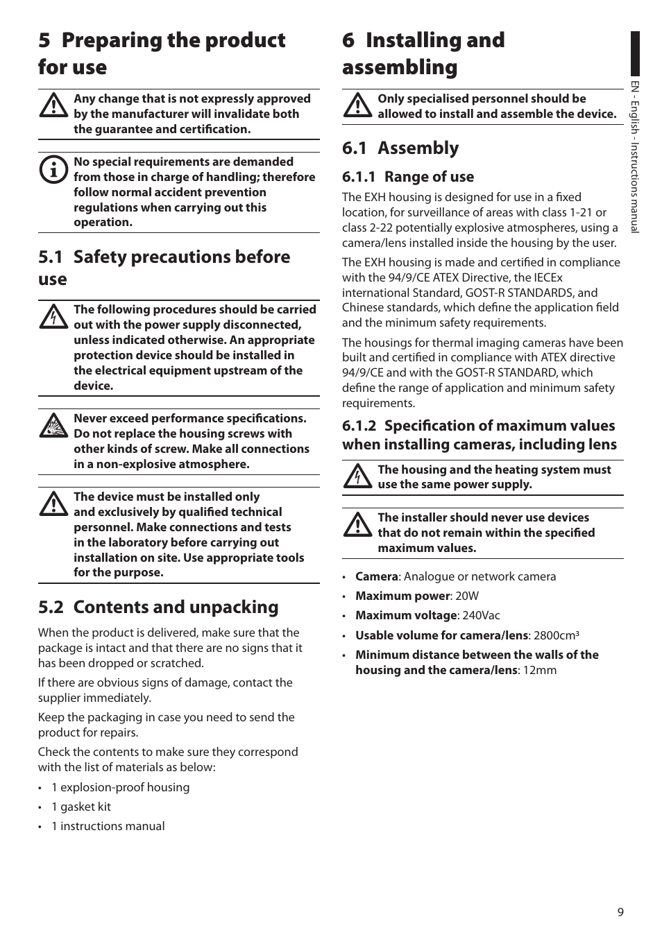 5 preparing the product for use, 1 safety precautions before use, 2 contents and unpacking | 6 installing and assembling, 1 assembly, 1 range of use | Videotec EXH User Manual | Page 11 / 114