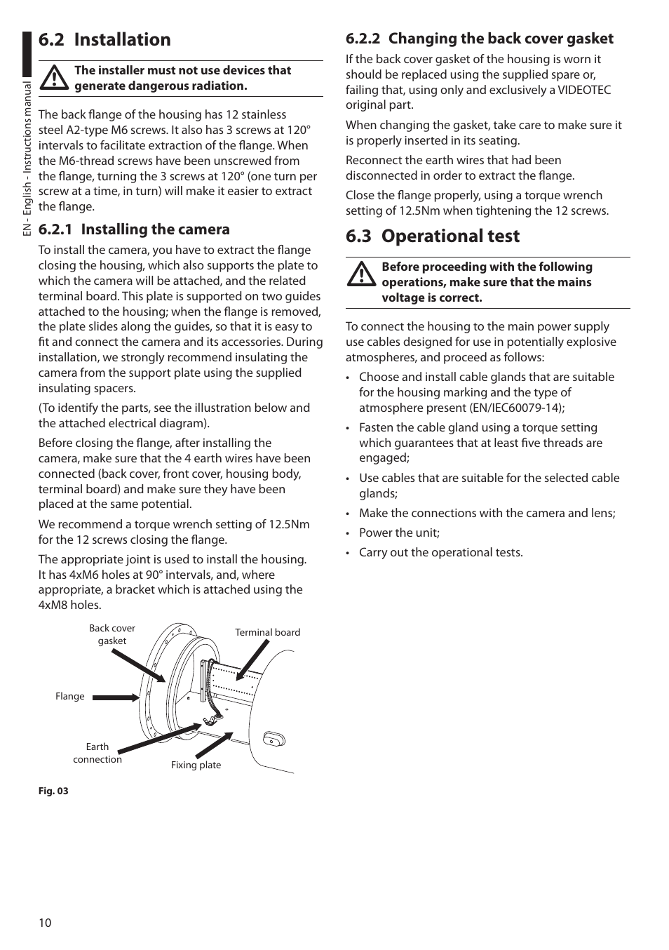 2 installation, 1 installing the camera, 2 changing the back cover gasket | 3 operational test | Videotec EXH User Manual | Page 12 / 114