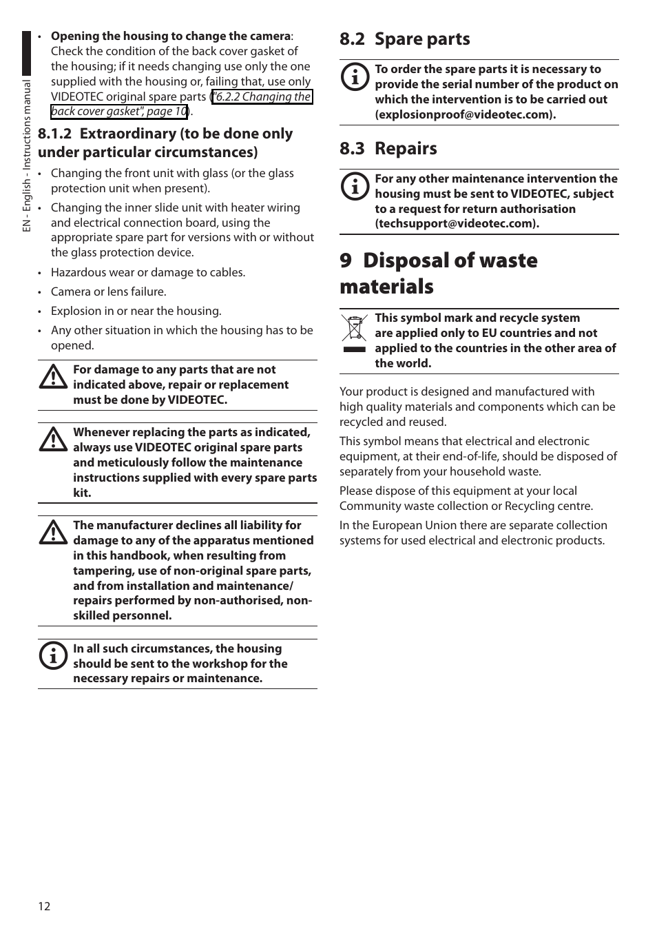 2 spare parts, 3 repairs, 9 disposal of waste materials | 2 spare parts 8.3 repairs | Videotec EXH User Manual | Page 14 / 114
