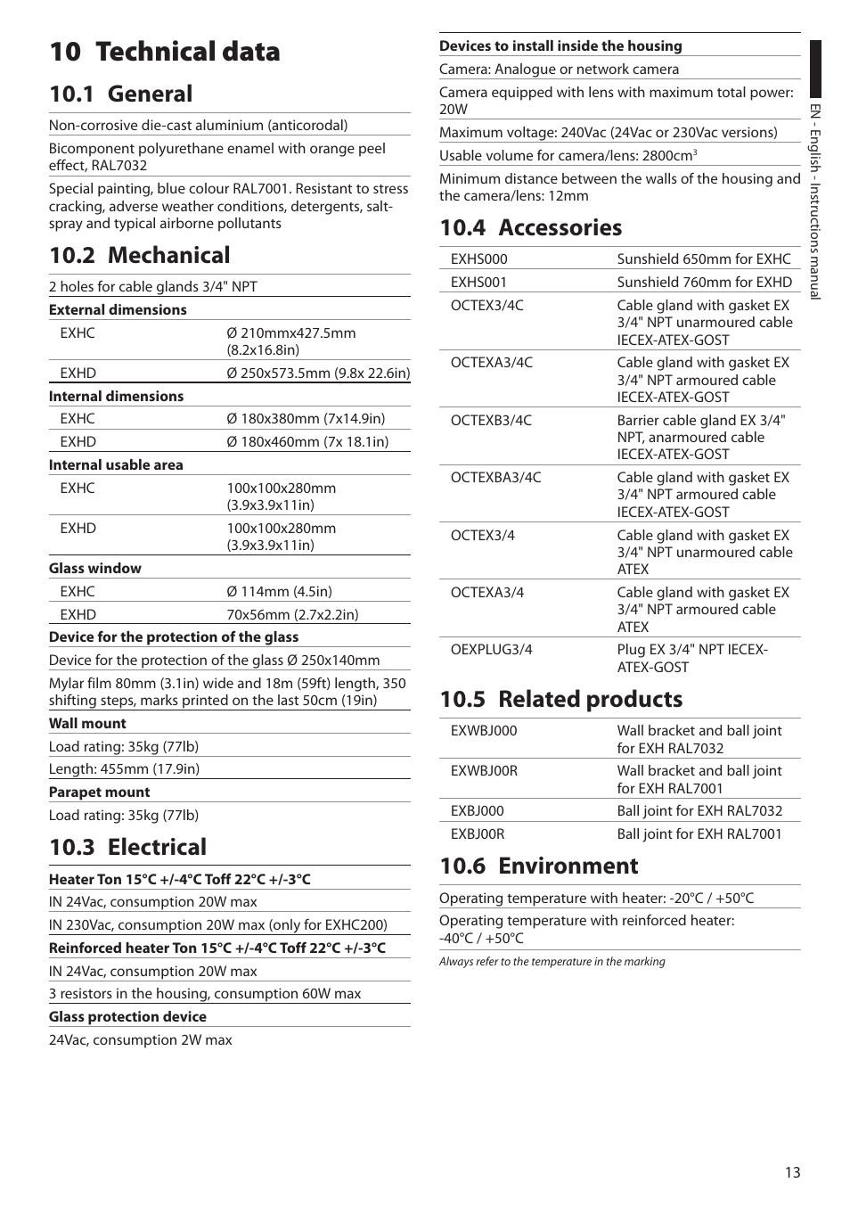 10 technical data, 1 general, 2 mechanical | 3 electrical, 4 accessories, 5 related products, 6 environment | Videotec EXH User Manual | Page 15 / 114