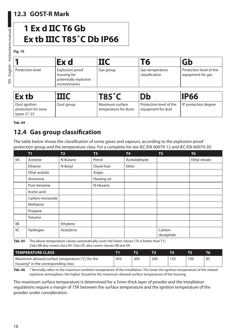 3 gost-r mark, 4 gas group classification, 3 gost-r mark 12.4 gas group classification | Videotec EXH User Manual | Page 20 / 114
