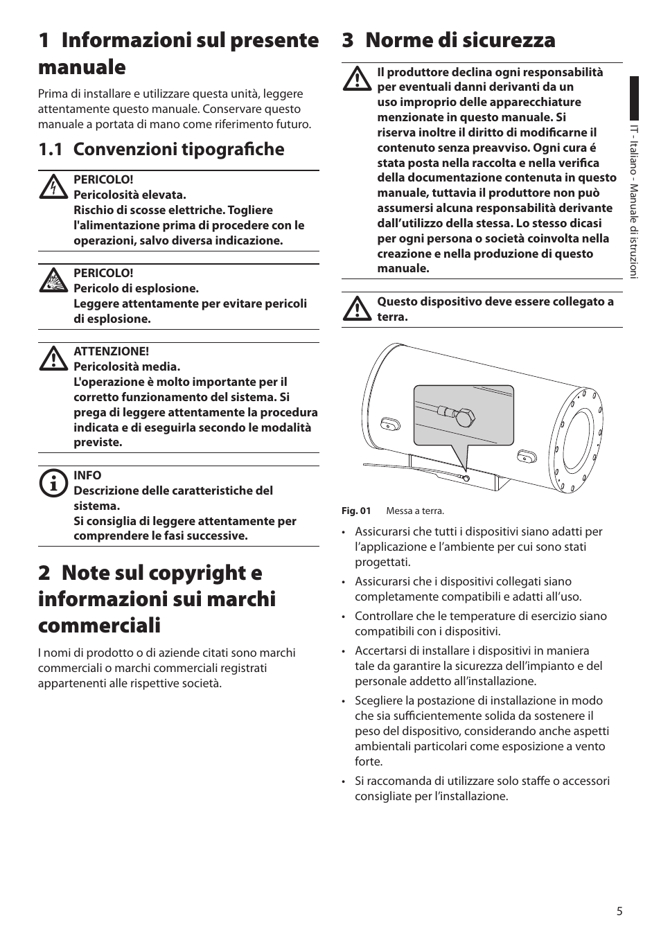 1 informazioni sul presente manuale, 1 convenzioni tipografiche, 3 norme di sicurezza | Videotec EXH User Manual | Page 29 / 114