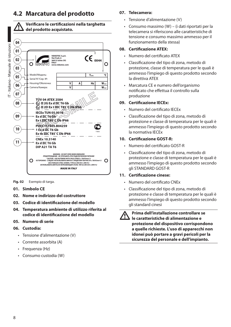 2 marcatura del prodotto | Videotec EXH User Manual | Page 32 / 114