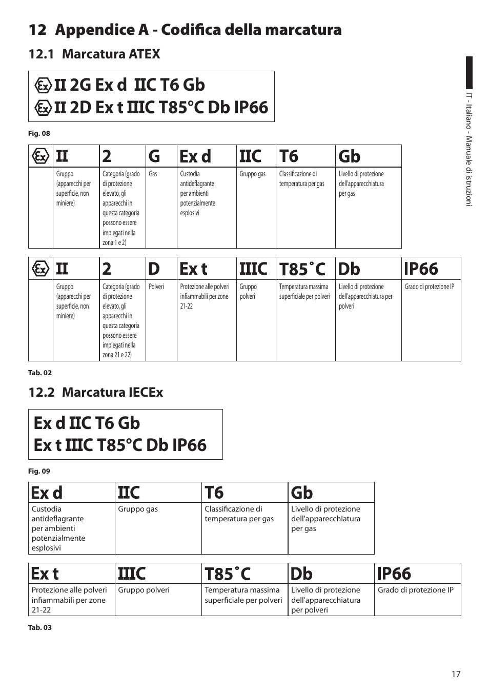 12 appendice a - codifica della marcatura, 1 marcatura atex, 2 marcatura iecex | 1 marcatura atex 12.2 marcatura iecex, 2g ex d ee c t6 gb | Videotec EXH User Manual | Page 41 / 114