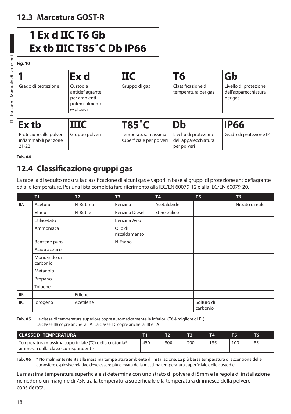 3 marcatura gost-r, 4 classificazione gruppi gas, 3 marcatura gost-r 12.4 classificazione gruppi gas | Videotec EXH User Manual | Page 42 / 114