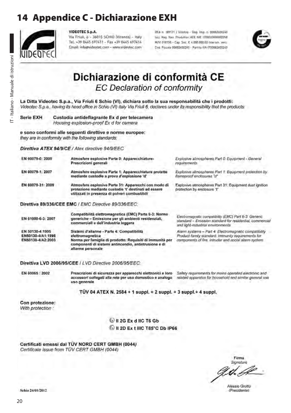 14 appendice c - dichiarazione exh | Videotec EXH User Manual | Page 44 / 114