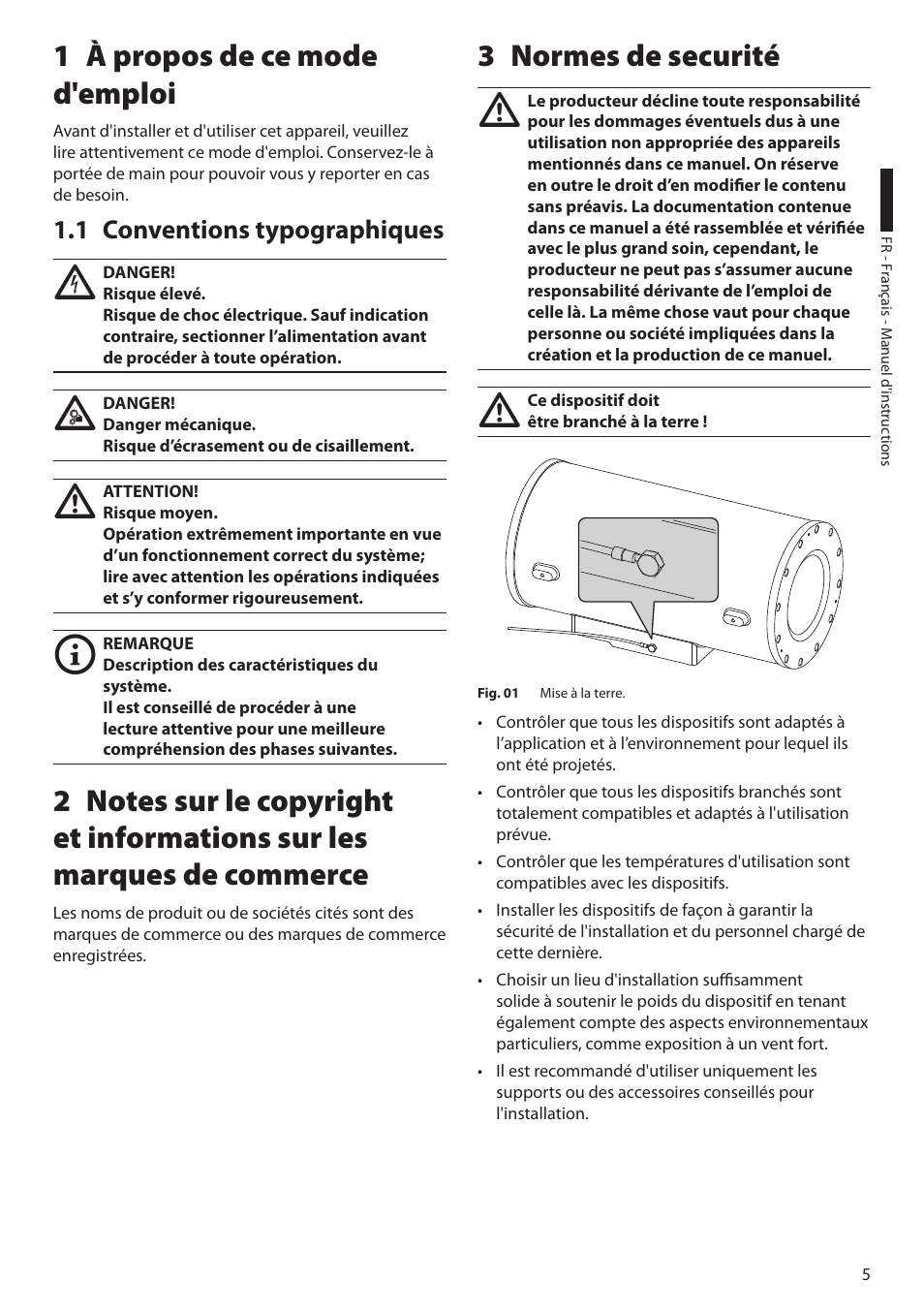 1 à propos de ce mode d'emploi, 1 conventions typographiques, 3 normes de securité | Videotec EXH User Manual | Page 51 / 114