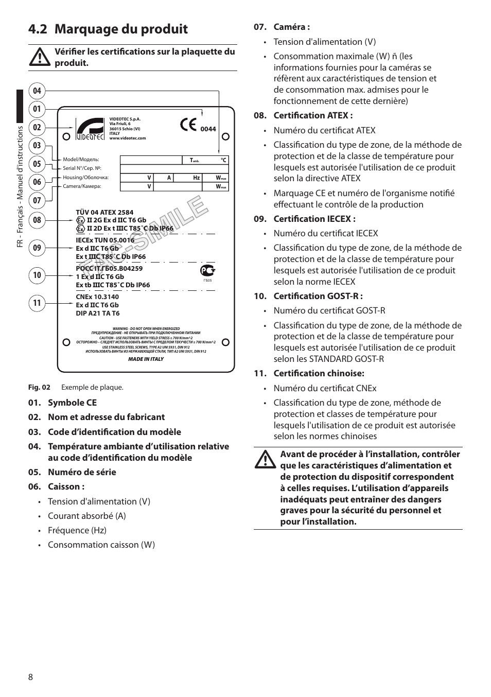 2 marquage du produit | Videotec EXH User Manual | Page 54 / 114