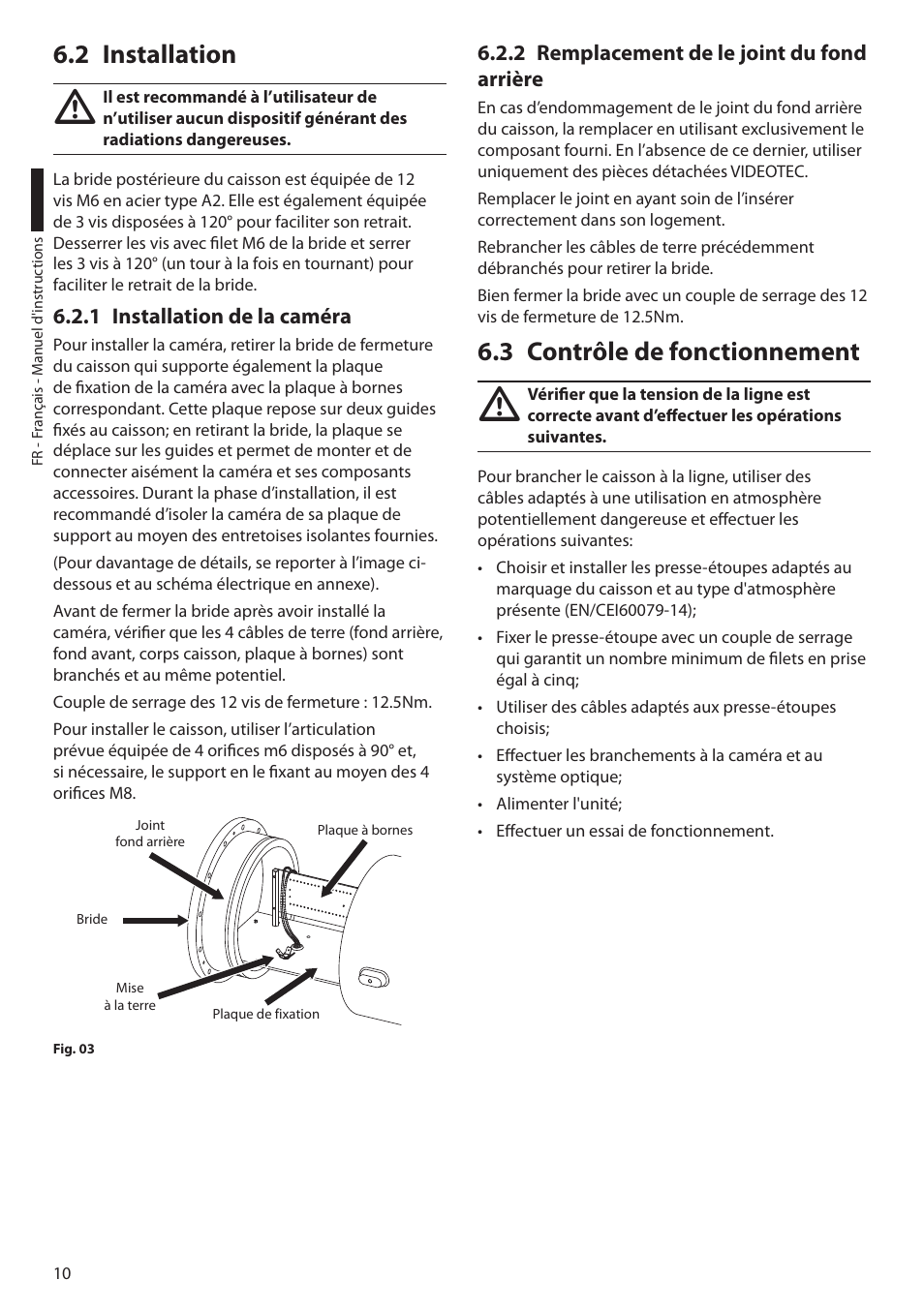2 installation, 1 installation de la caméra, 2 remplacement de le joint du fond arrière | 3 contrôle de fonctionnement | Videotec EXH User Manual | Page 56 / 114
