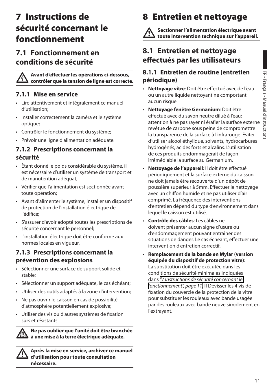 1 fonctionnement en conditions de sécurité, 1 mise en service, 2 prescriptions concernant la sécurité | 8 entretien et nettoyage, 1 entretien de routine (entretien périodique) | Videotec EXH User Manual | Page 57 / 114