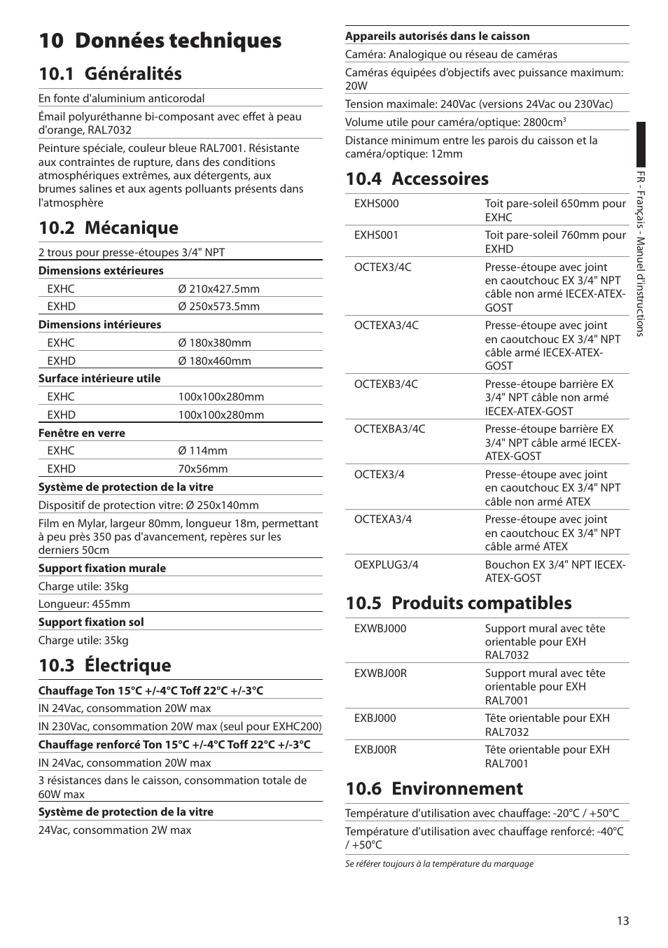 10 données techniques, 1 généralités, 2 mécanique | 3 électrique, 4 accessoires, 5 produits compatibles, 6 environnement | Videotec EXH User Manual | Page 59 / 114