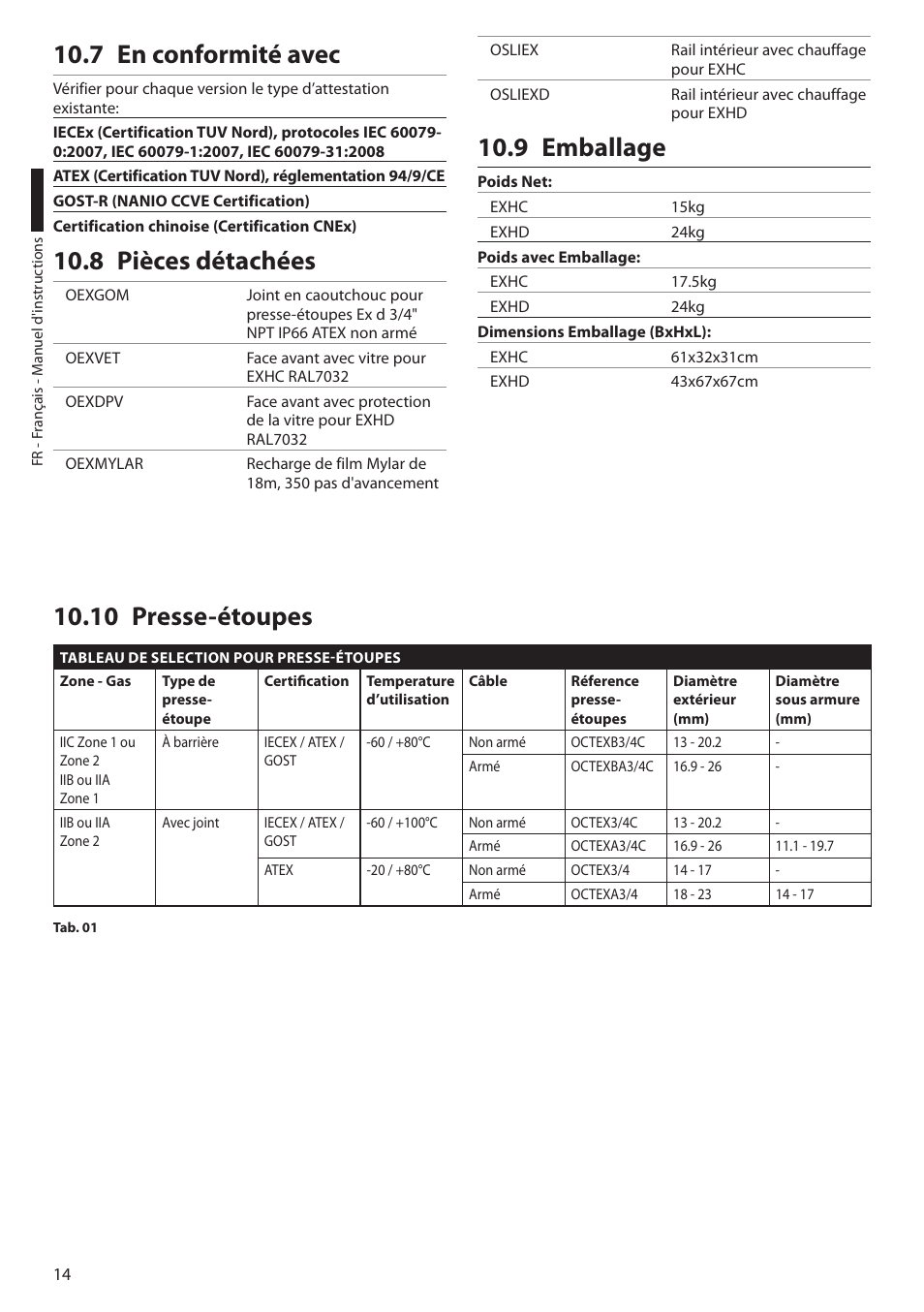 7 en conformité avec, 8 pièces détachées, 9 emballage | 10 presse-étoupes, 7 en conformité avec 10.8 pièces détachées, 9 emballage 10.10 presse-étoupes | Videotec EXH User Manual | Page 60 / 114