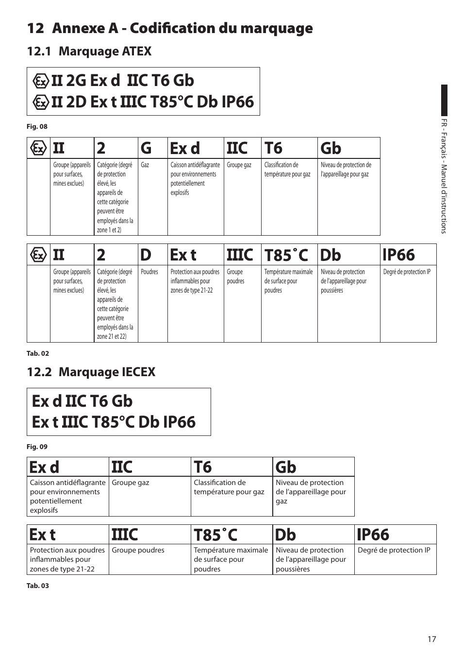 12 annexe a - codification du marquage, 1 marquage atex, 2 marquage iecex | 1 marquage atex 12.2 marquage iecex, 2g ex d ee c t6 gb | Videotec EXH User Manual | Page 63 / 114