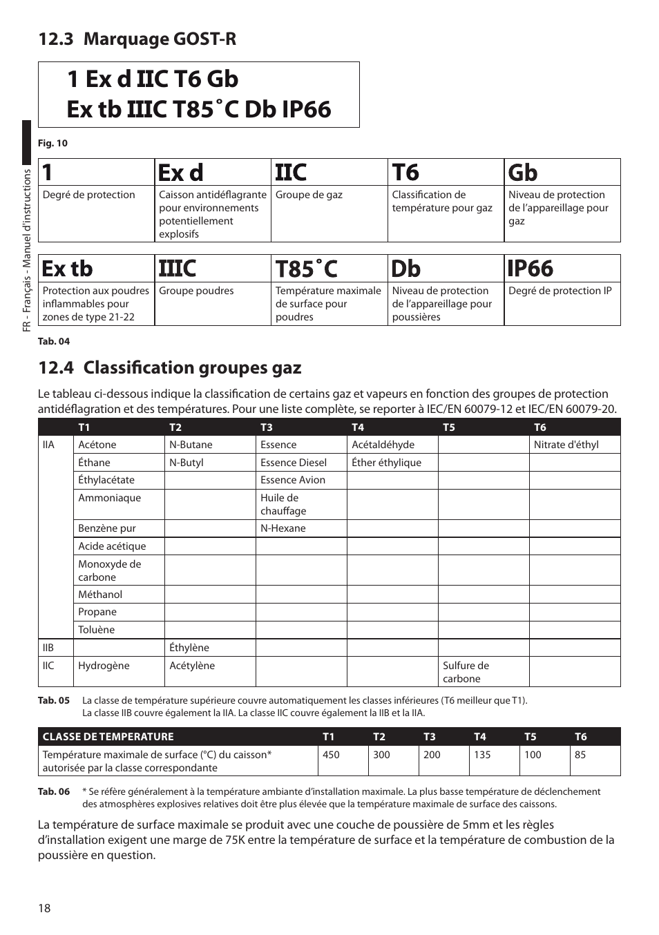 3 marquage gost-r, 4 classification groupes gaz, 3 marquage gost-r 12.4 classification groupes gaz | Videotec EXH User Manual | Page 64 / 114