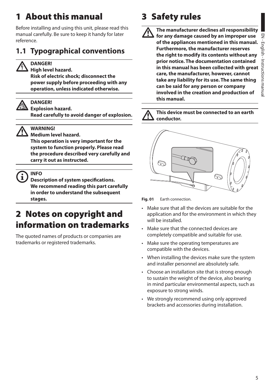 1 about this manual, 1 typographical conventions, 2 notes on copyright and information on trademarks | 3 safety rules | Videotec EXH User Manual | Page 7 / 114