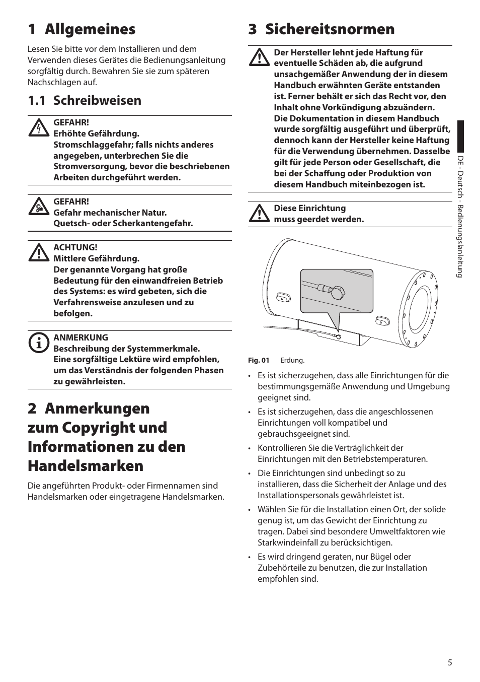 1 allgemeines, 1 schreibweisen, 3 sichereitsnormen | Videotec EXH User Manual | Page 73 / 114
