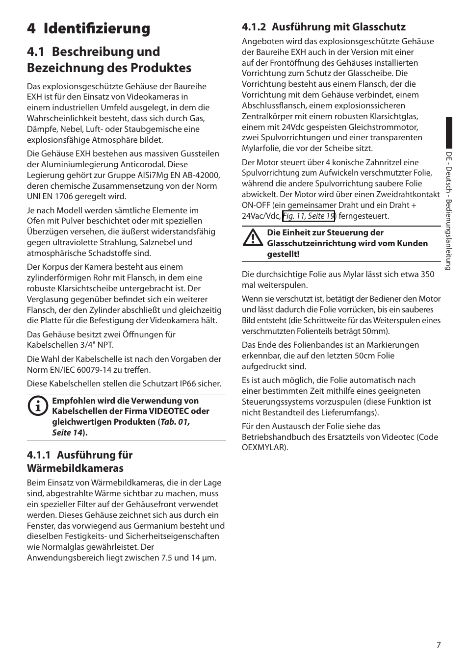 4 identifizierung, 1 beschreibung und bezeichnung des produktes, 1 ausführung für wärmebildkameras | 2 ausführung mit glasschutz | Videotec EXH User Manual | Page 75 / 114