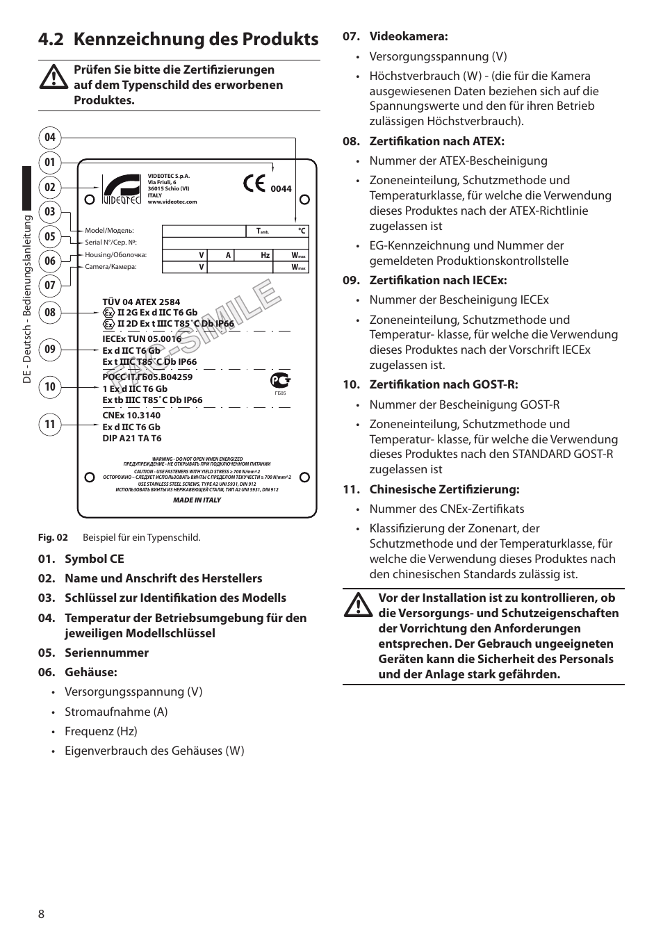 2 kennzeichnung des produkts | Videotec EXH User Manual | Page 76 / 114
