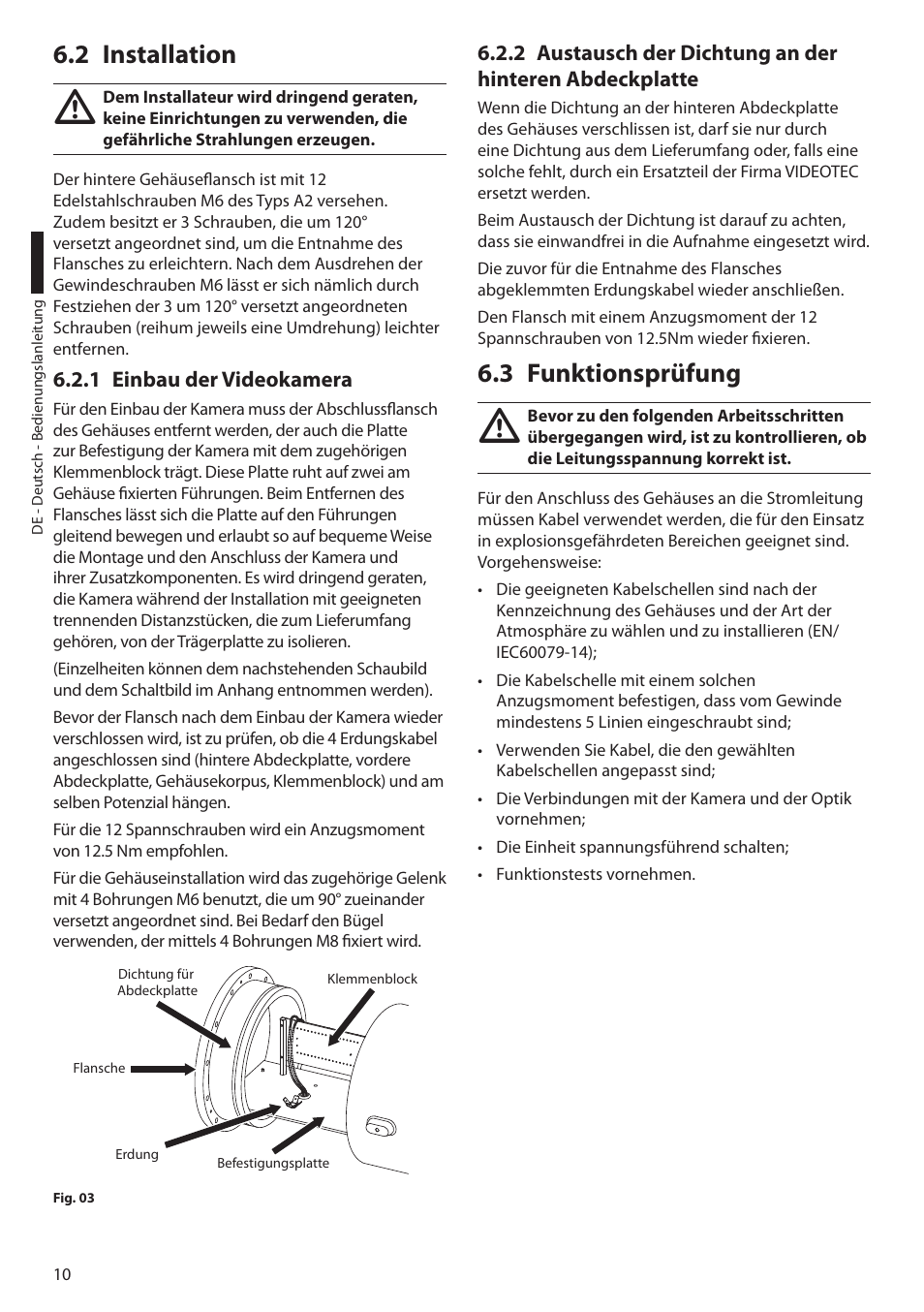 2 installation, 1 einbau der videokamera, 3 funktionsprüfung | Videotec EXH User Manual | Page 78 / 114