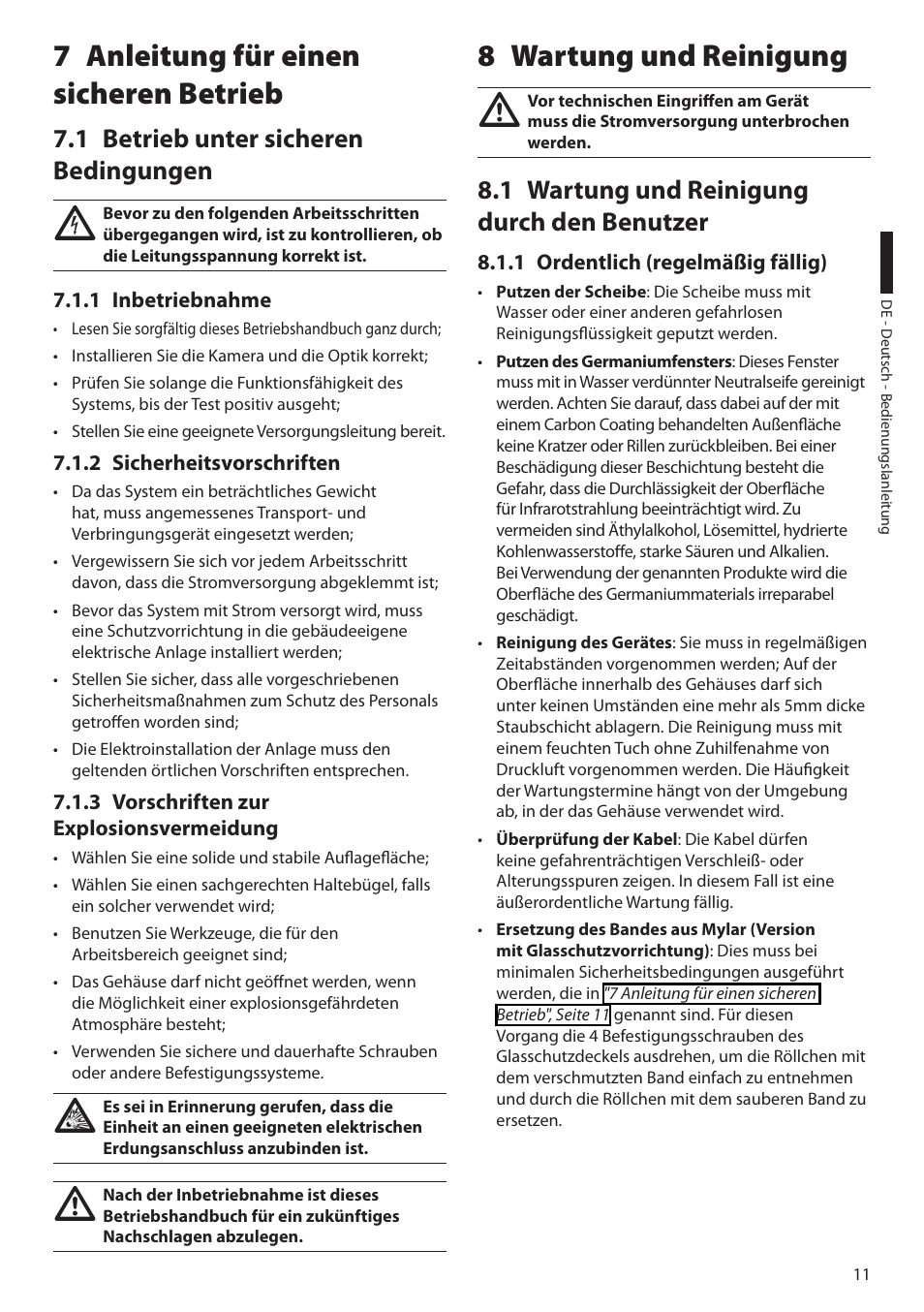 7 anleitung für einen sicheren betrieb, 1 betrieb unter sicheren bedingungen, 1 inbetriebnahme | 2 sicherheitsvorschriften, 3 vorschriften zur explosionsvermeidung, 8 wartung und reinigung, 1 wartung und reinigung durch den benutzer, 1 ordentlich (regelmäßig fällig) | Videotec EXH User Manual | Page 79 / 114