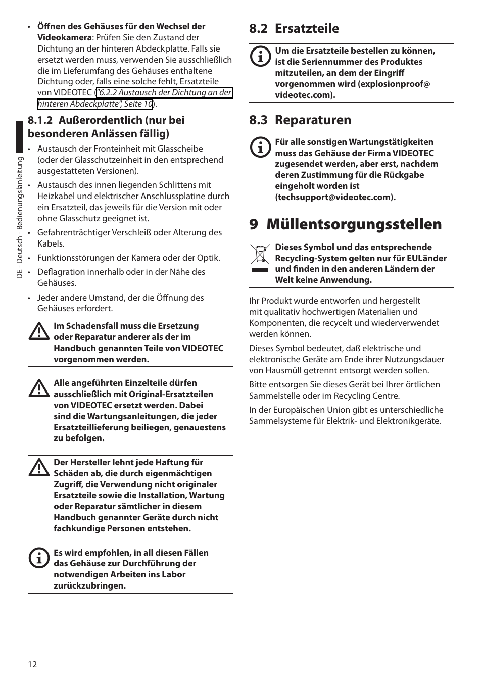 2 ersatzteile, 3 reparaturen, 9 müllentsorgungsstellen | 2 ersatzteile 8.3 reparaturen | Videotec EXH User Manual | Page 80 / 114