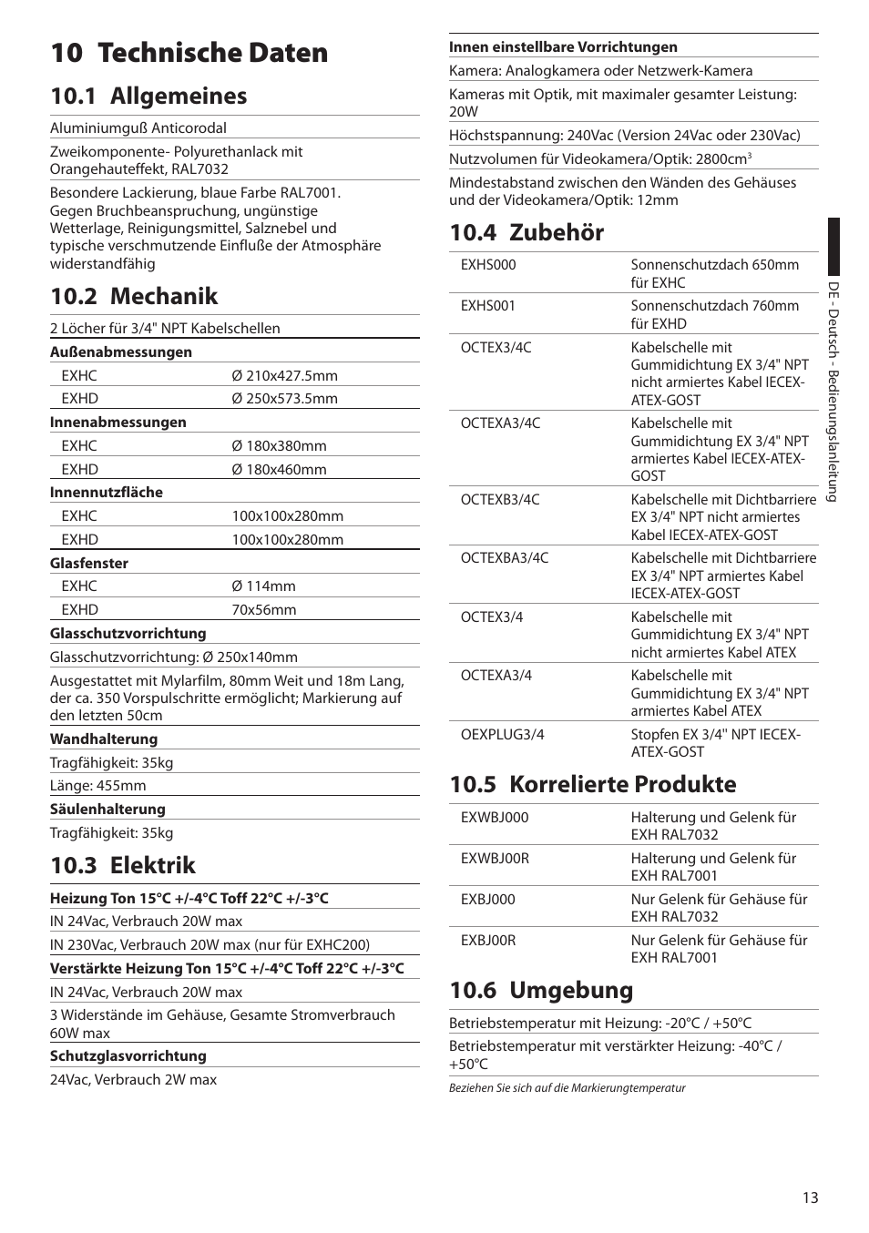 10 technische daten, 1 allgemeines, 2 mechanik | 3 elektrik, 4 zubehör, 5 korrelierte produkte, 6 umgebung | Videotec EXH User Manual | Page 81 / 114