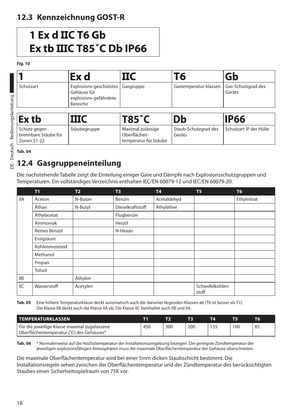 3 kennzeichnung gost-r, 4 gasgruppeneinteilung, 3 kennzeichnung gost-r 12.4 gasgruppeneinteilung | Videotec EXH User Manual | Page 86 / 114