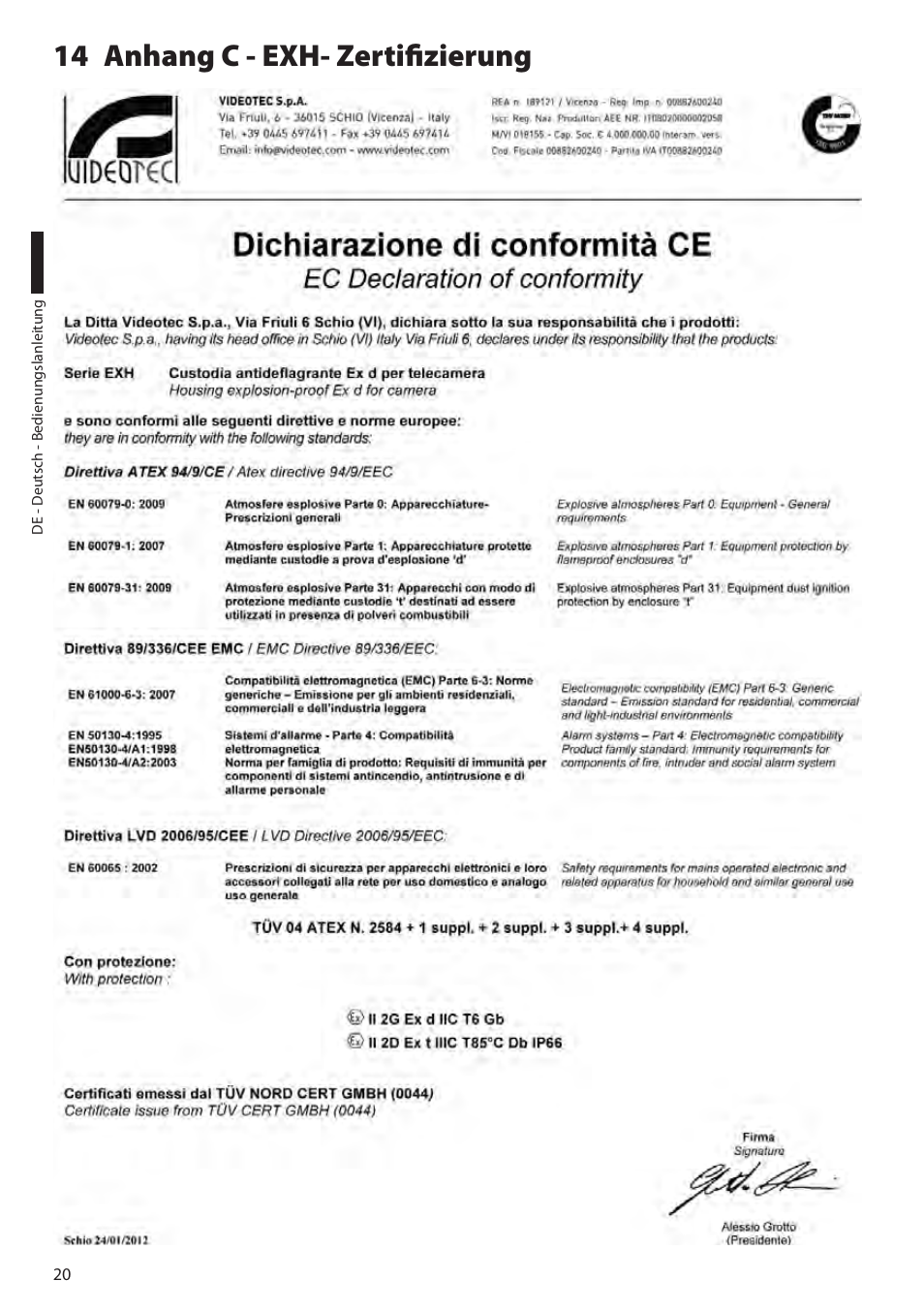 14 anhang c - exh- zertifizierung | Videotec EXH User Manual | Page 88 / 114