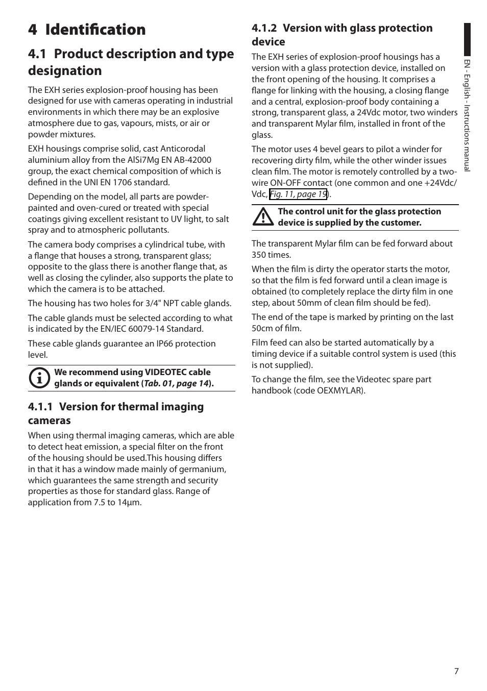 4 identification, 1 product description and type designation, 1 version for thermal imaging cameras | 2 version with glass protection device | Videotec EXH User Manual | Page 9 / 114