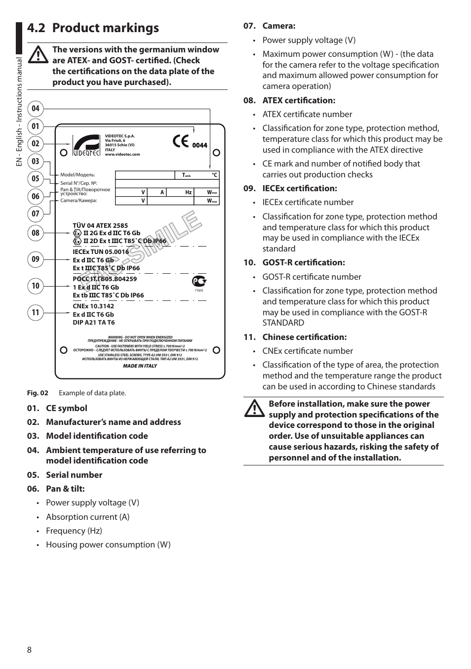 2 product markings | Videotec EXPT User Manual | Page 10 / 114