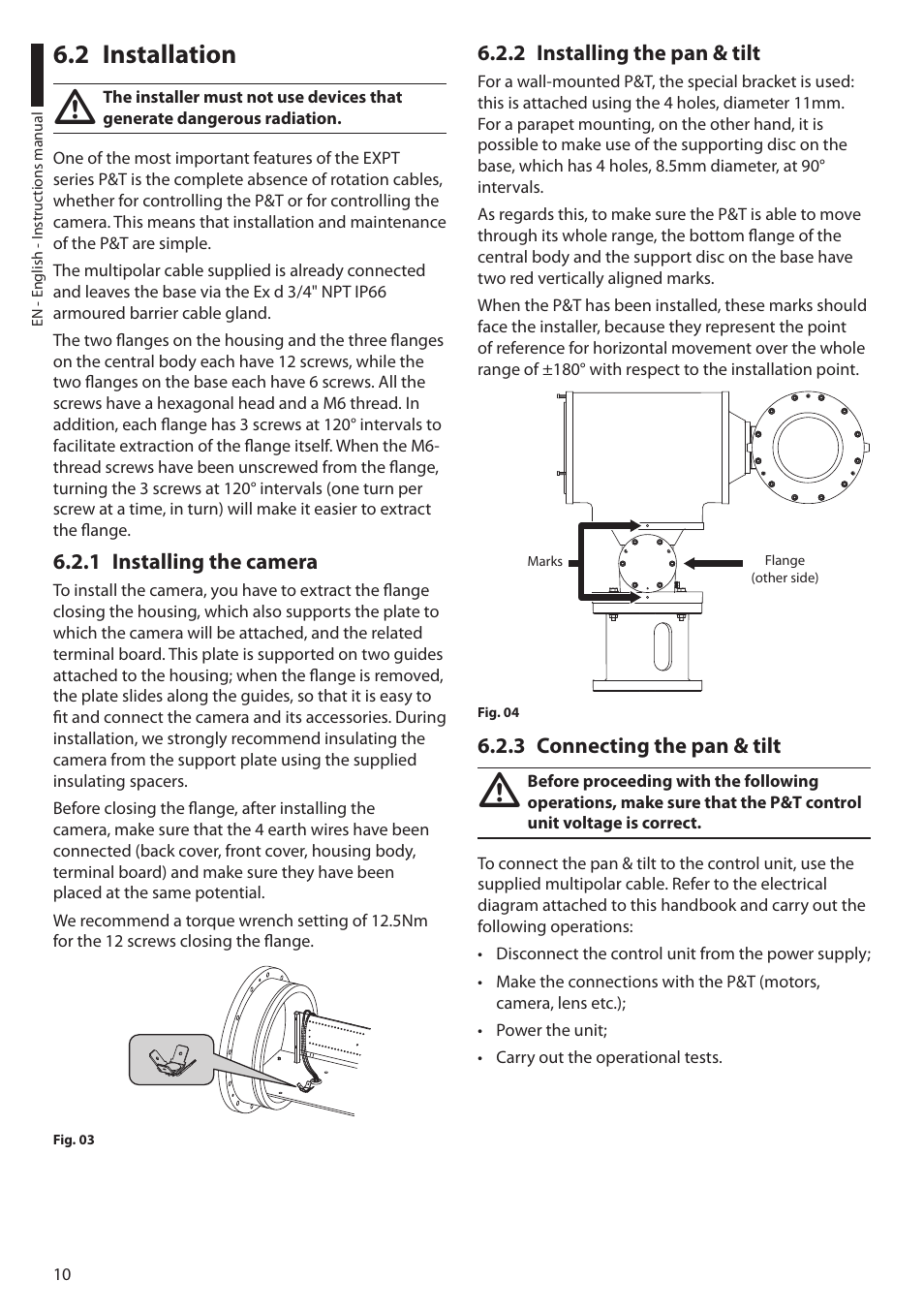 2 installation, 1 installing the camera, 2 installing the pan & tilt | 3 connecting the pan & tilt | Videotec EXPT User Manual | Page 12 / 114