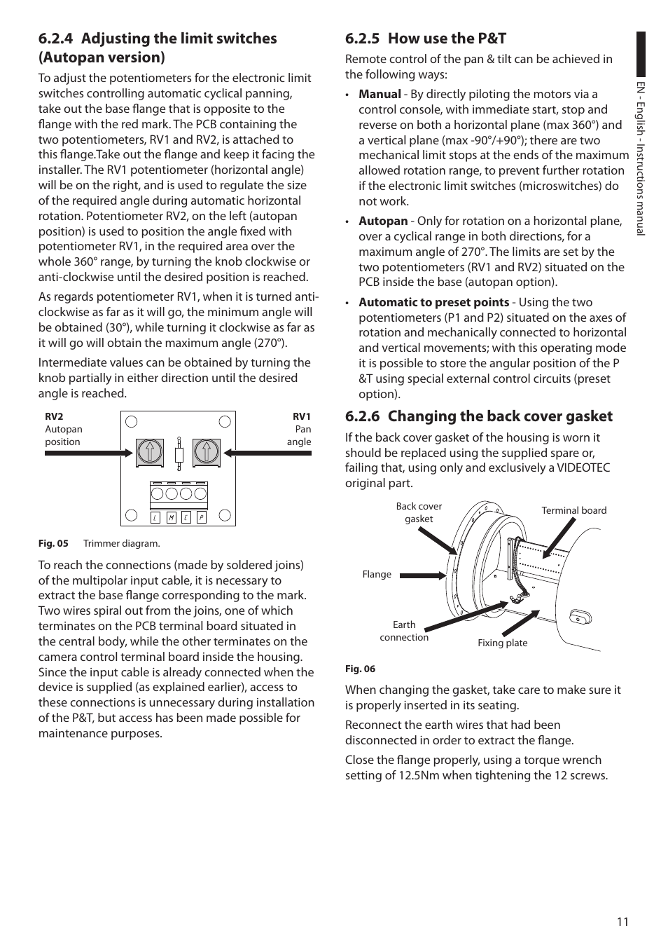 4 adjusting the limit switches (autopan version), 5 how use the p&t, 6 changing the back cover gasket | Videotec EXPT User Manual | Page 13 / 114