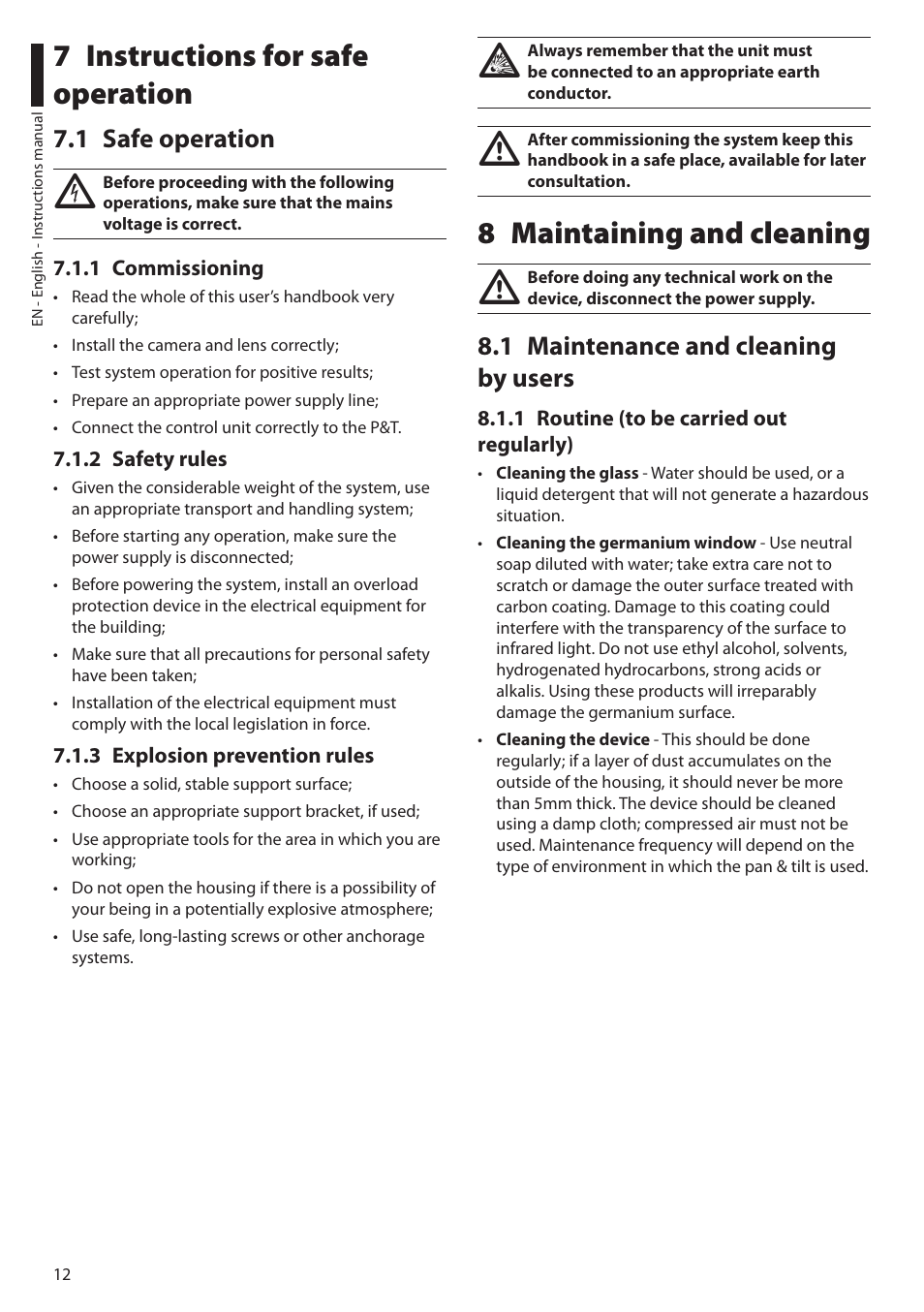 7 instructions for safe operation, 1 safe operation, 1 commissioning | 2 safety rules, 3 explosion prevention rules, 8 maintaining and cleaning, 1 maintenance and cleaning by users, 1 routine (to be carried out regularly) | Videotec EXPT User Manual | Page 14 / 114