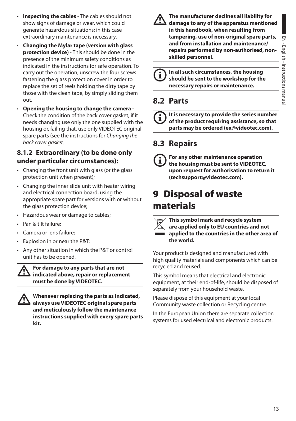 2 parts, 3 repairs, 9 disposal of waste materials | 2 parts 8.3 repairs | Videotec EXPT User Manual | Page 15 / 114