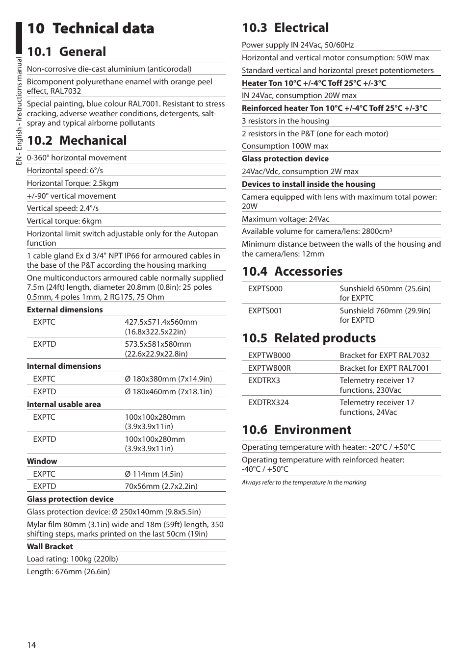 10 technical data, 1 general, 2 mechanical | 3 electrical, 4 accessories, 5 related products, 6 environment | Videotec EXPT User Manual | Page 16 / 114