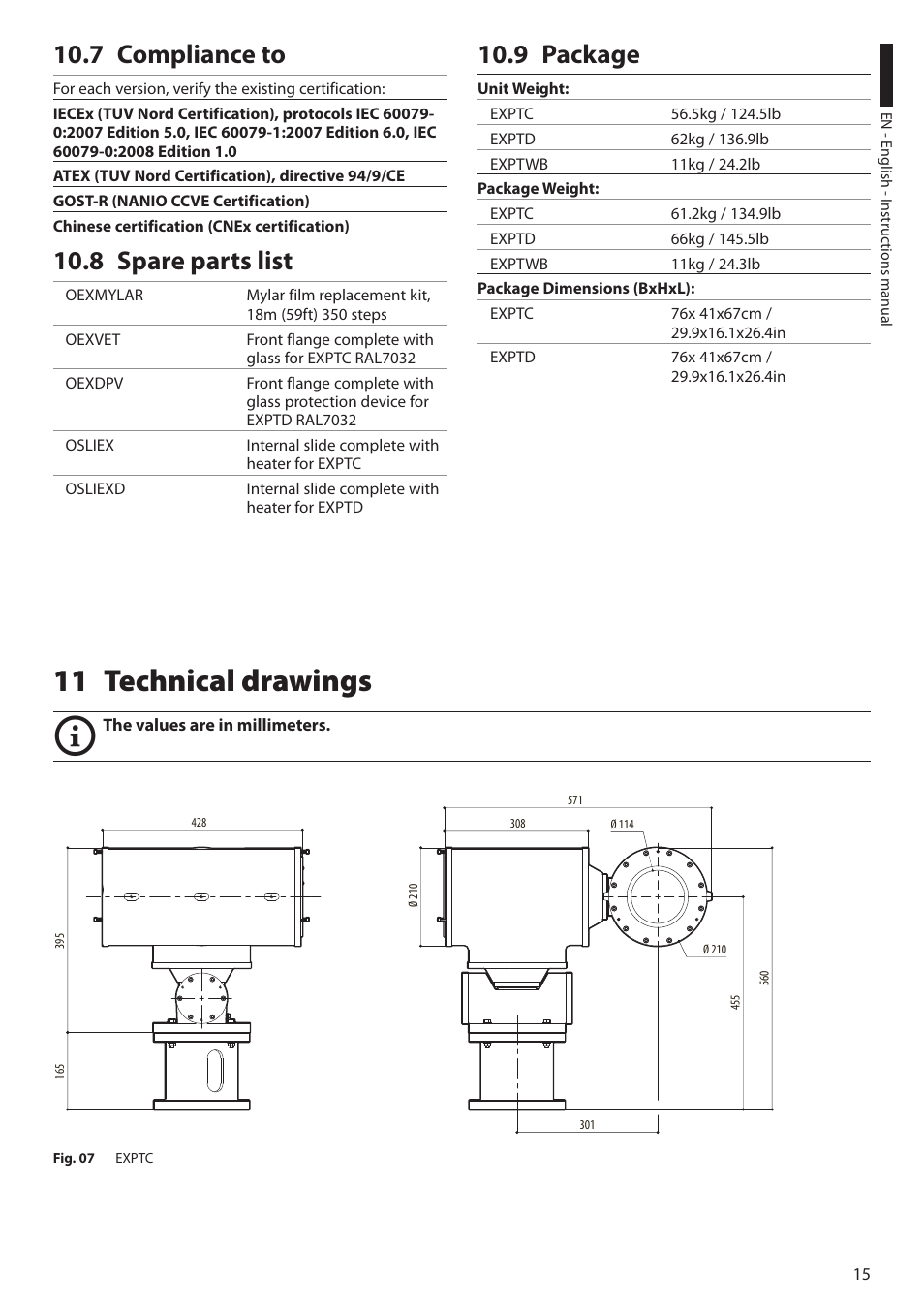 7 compliance to, 8 spare parts list, 9 package | 11 technical drawings, 7 compliance to 10.8 spare parts list 10.9 package | Videotec EXPT User Manual | Page 17 / 114