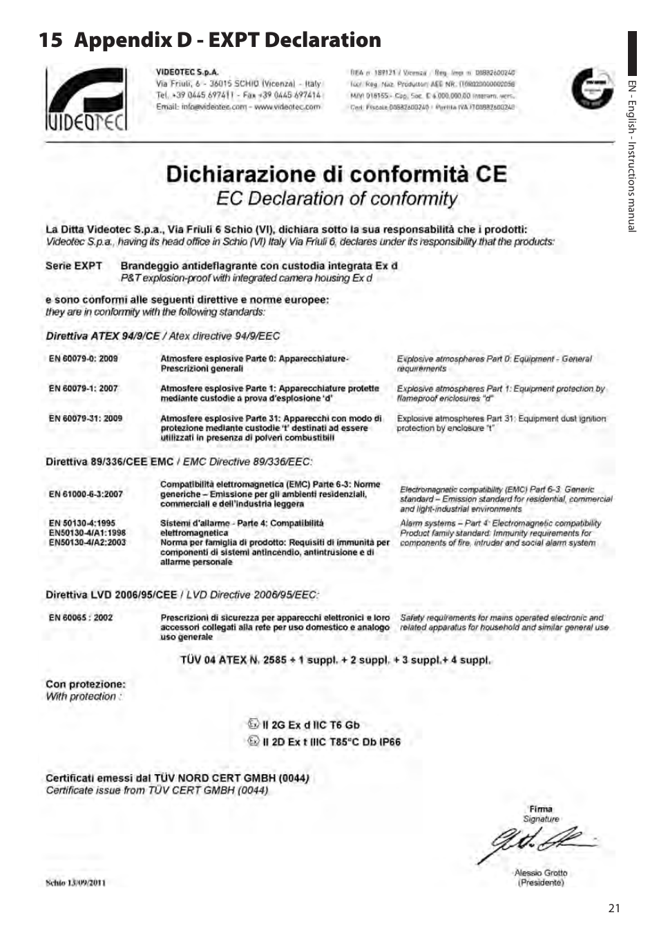 15 appendix d - expt declaration | Videotec EXPT User Manual | Page 23 / 114