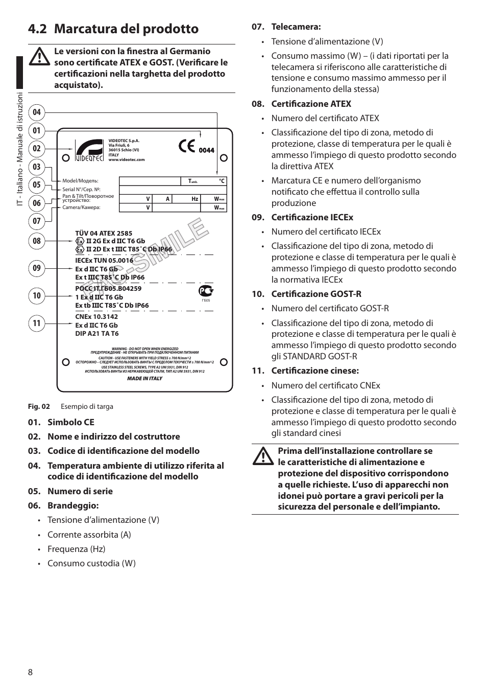 2 marcatura del prodotto | Videotec EXPT User Manual | Page 32 / 114