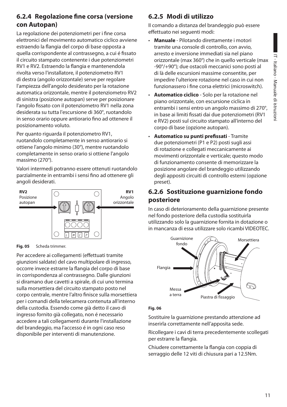 4 regolazione fine corsa (versione con autopan), 5 modi di utilizzo, 6 sostituzione guarnizione fondo posteriore | Videotec EXPT User Manual | Page 35 / 114