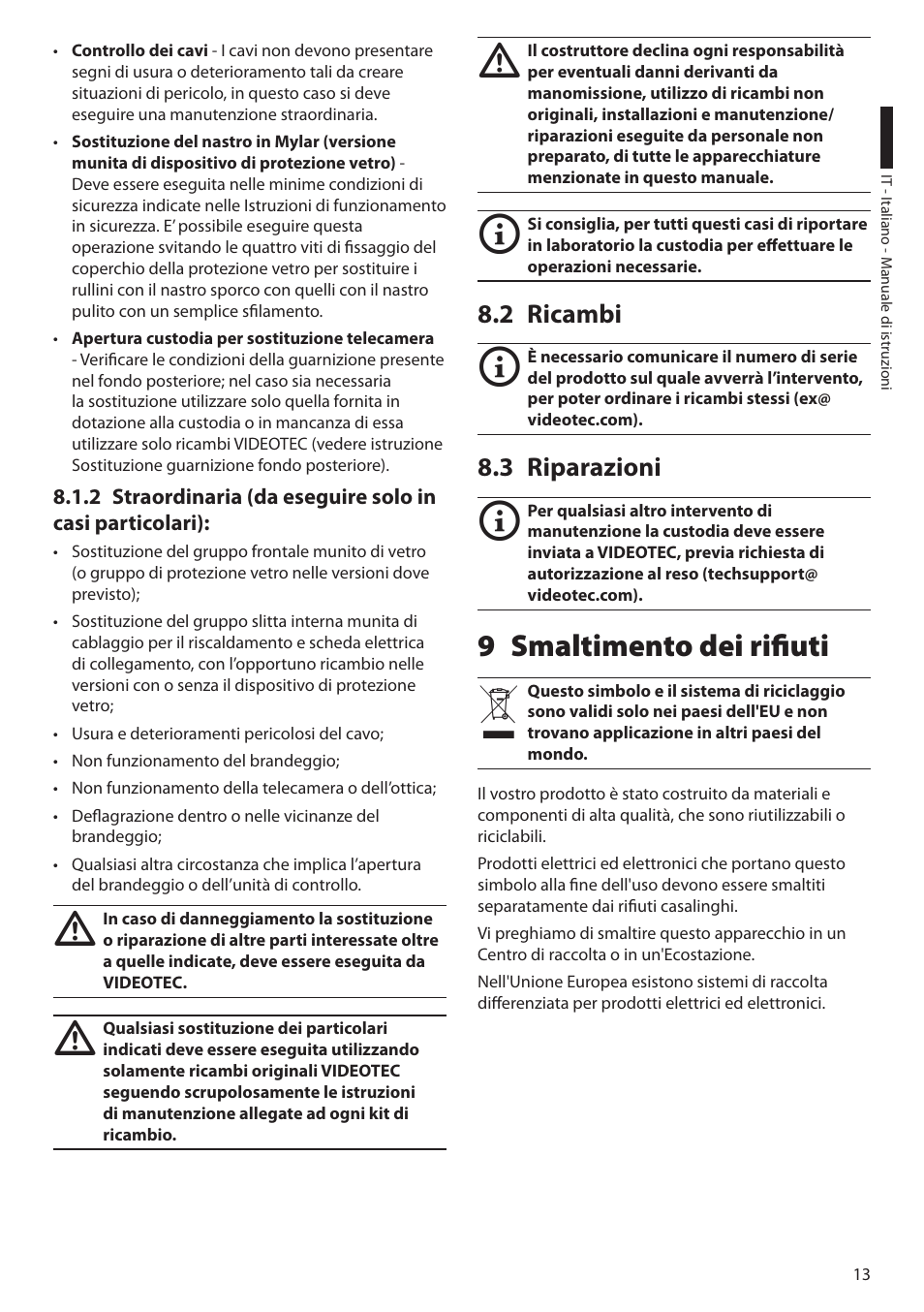 2 ricambi, 3 riparazioni, 9 smaltimento dei rifiuti | 2 ricambi 8.3 riparazioni | Videotec EXPT User Manual | Page 37 / 114