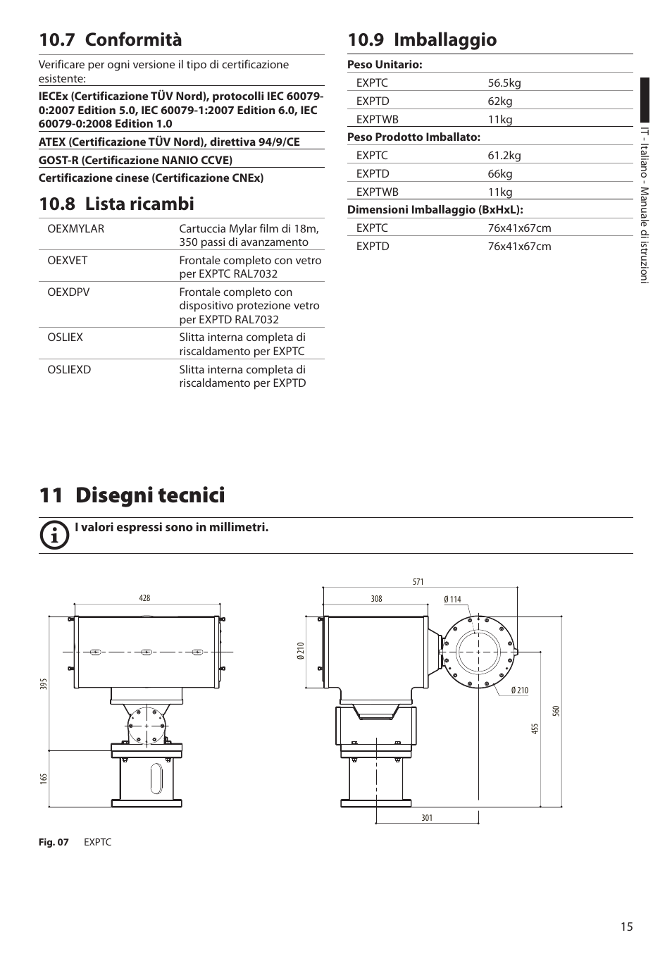 7 conformità, 8 lista ricambi, 9 imballaggio | 11 disegni tecnici, 7 conformità 10.8 lista ricambi 10.9 imballaggio | Videotec EXPT User Manual | Page 39 / 114