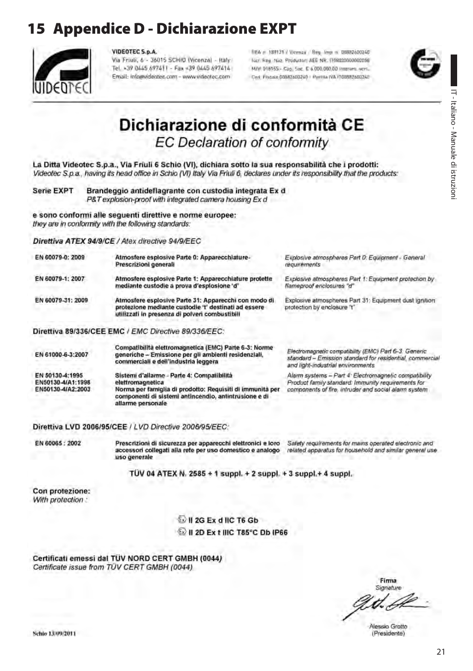 15 appendice d - dichiarazione expt | Videotec EXPT User Manual | Page 45 / 114