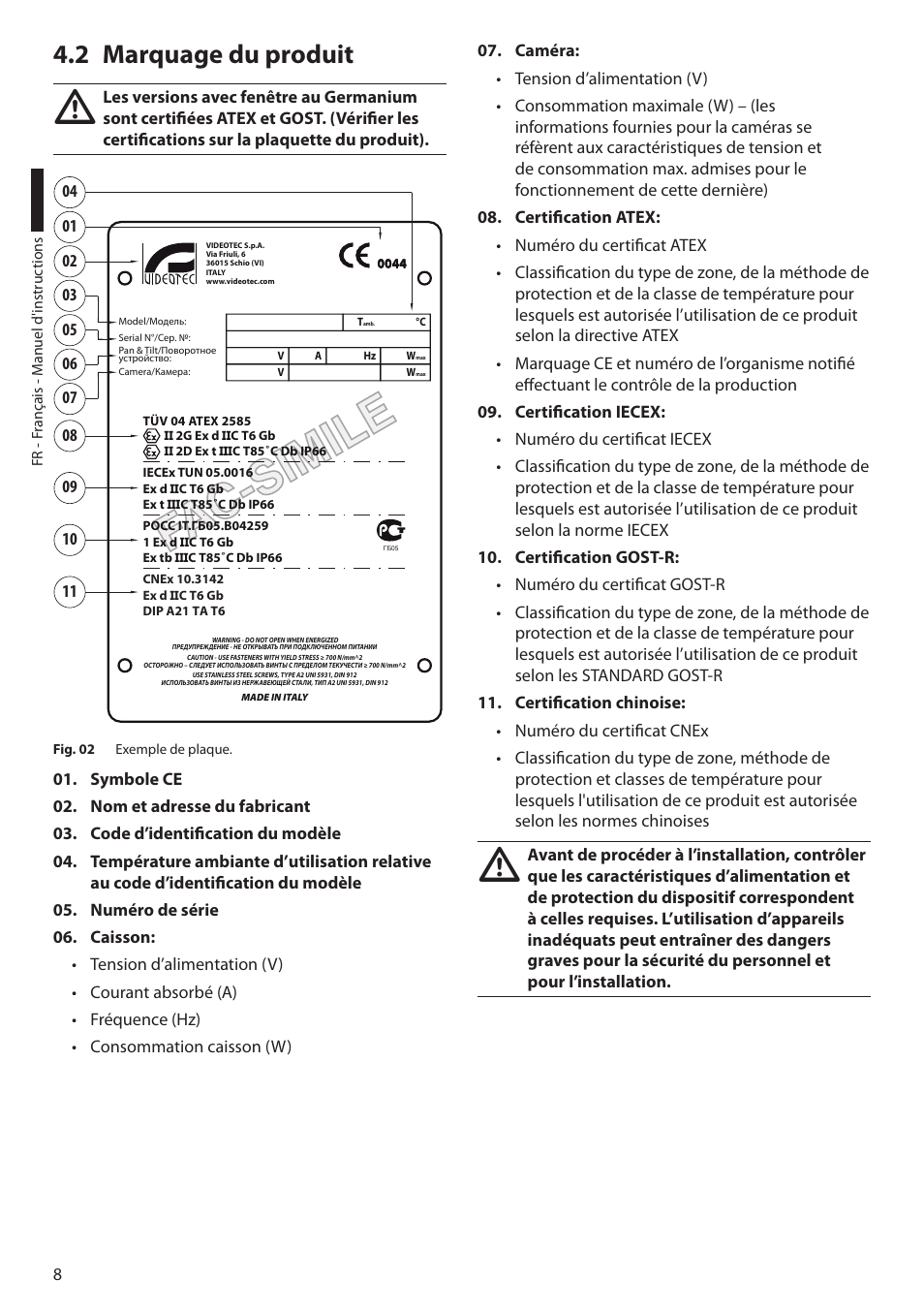 2 marquage du produit | Videotec EXPT User Manual | Page 54 / 114