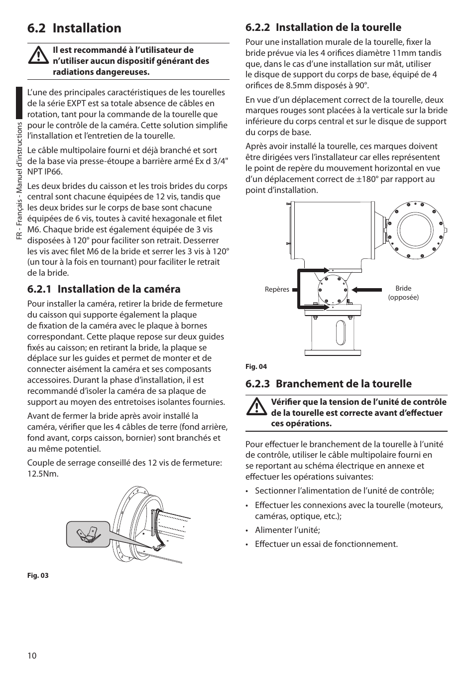 2 installation, 1 installation de la caméra, 2 installation de la tourelle | 3 branchement de la tourelle | Videotec EXPT User Manual | Page 56 / 114