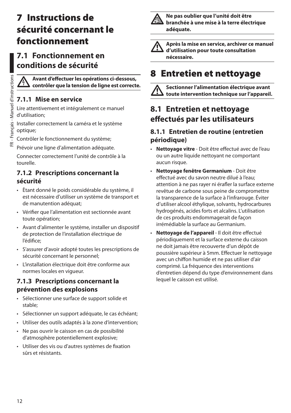 1 fonctionnement en conditions de sécurité, 1 mise en service, 2 prescriptions concernant la sécurité | 8 entretien et nettoyage, 1 entretien de routine (entretien périodique) | Videotec EXPT User Manual | Page 58 / 114