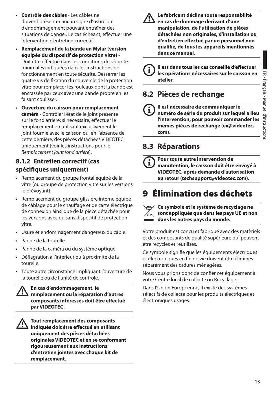 2 entretien correctif (cas spécifiques uniquement), 2 pièces de rechange, 3 réparations | 9 élimination des déchets, 2 pièces de rechange 8.3 réparations | Videotec EXPT User Manual | Page 59 / 114
