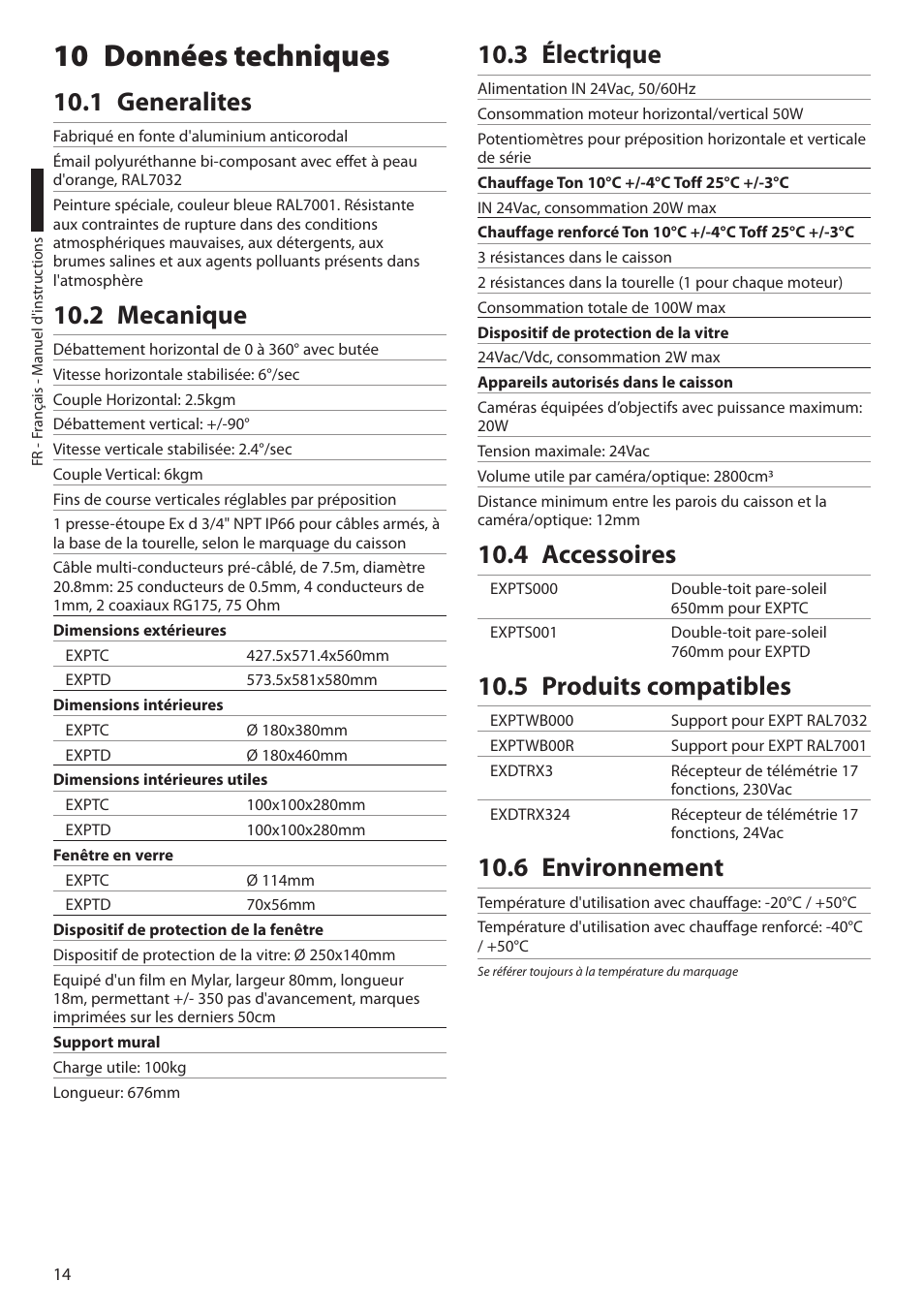 10 données techniques, 1 generalites, 2 mecanique | 3 électrique, 4 accessoires, 5 produits compatibles, 6 environnement | Videotec EXPT User Manual | Page 60 / 114