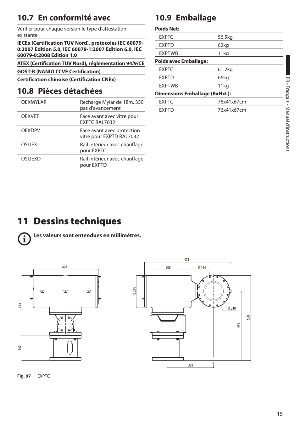 7 en conformité avec, 8 pièces détachées, 9 emballage | 11 dessins techniques | Videotec EXPT User Manual | Page 61 / 114